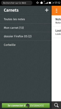 Appli Notes sur Firefox OS – Menu carnets