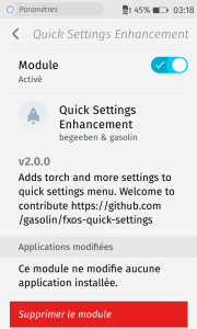 Firefox OS : add-ons : Paramètres : Modules complémentaires : Quick Settings Enhancement