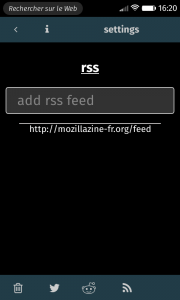 BirdFeeder : settings > rss > add rss feed (thème sombre)