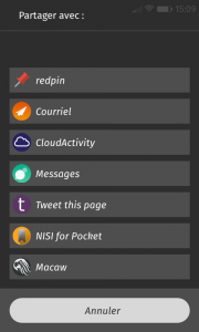 Menu Partager avec redpin, Tweet this page et Macaw