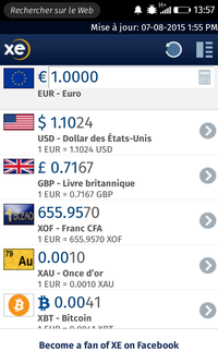 Liste des devises de l'écran d’accueil de XE Currency