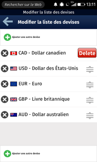 Delete dans Modifier de la liste des devises dans XE Currency